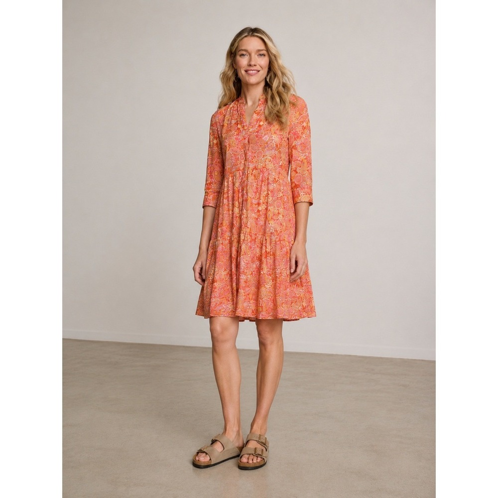 Johnston &‎ Murphy Orange Pink Paisley Lyocell Tiered Dress S Boho Cottage Retro